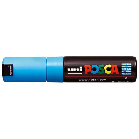 Light blue Uni Posca Marker with a bold 4.5-5.5mm bullet nib for versatile artistic creation on various surfaces.