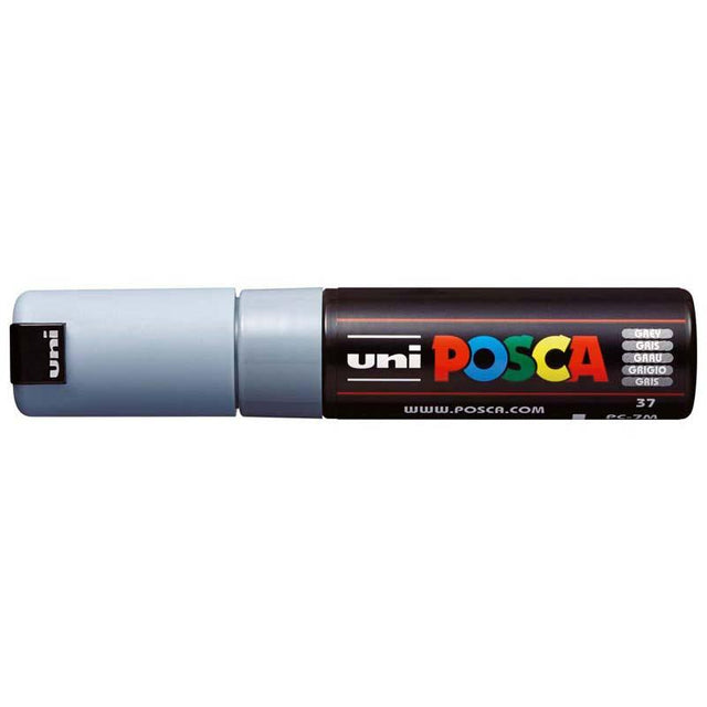 Uni Posca Marker in Grey with a bold bullet tip, perfect for vibrant lines on various surfaces. Ideal for artists and crafters.