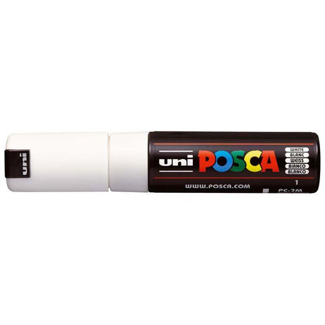 White Uni Posca Marker with a bold bullet tip, ideal for vibrant art on various surfaces like paper and fabric.