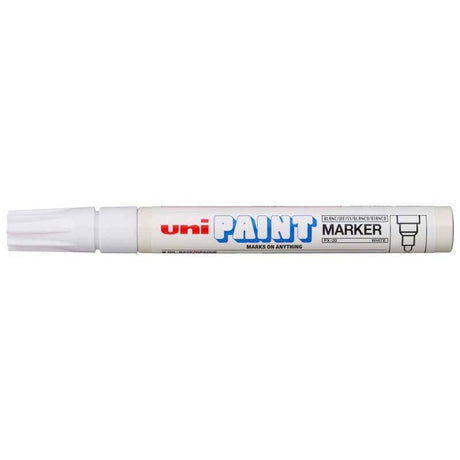 Uni Paint Marker PX-20 with a 2.8mm bullet tip, ideal for vibrant white markings on various surfaces.