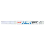 Uni Paint Marker 1.2mm bullet tip in white, ideal for precise writing on various surfaces, waterproof and fade-resistant.