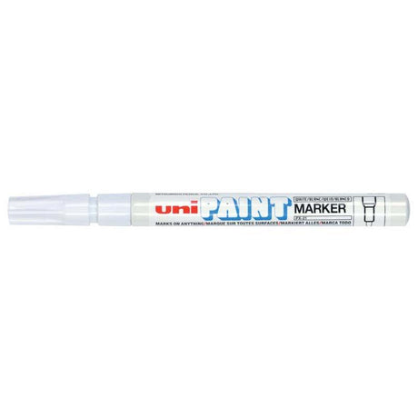 Uni Paint Marker 1.2mm bullet tip in white, ideal for precise writing on various surfaces, waterproof and fade-resistant.