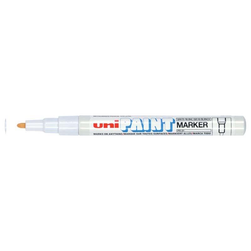 Uni Paint Marker PX-21 with 1.2mm white bullet tip, ideal for writing on various surfaces, providing waterproof, fade-resistant results.