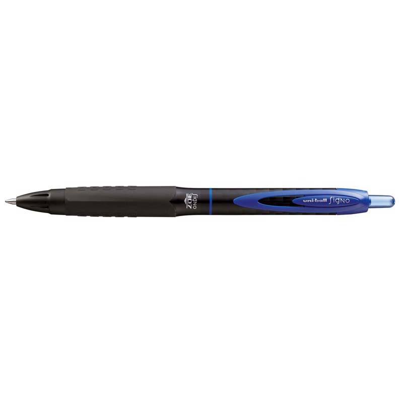 Uni-ball Signo 307 retractable gel pen in blue, featuring skip-free technology and ergonomic design for smooth writing.