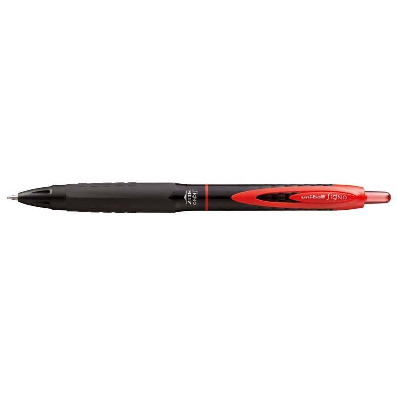 Uni-ball Signo 307 Retractable Gel Pen in red, featuring skip-free technology and ergonomic design for smooth writing.