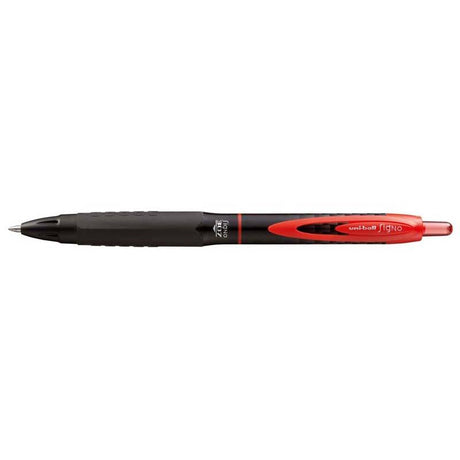 Uni-ball Signo 307 Retractable Gel Pen in red, featuring skip-free technology and ergonomic design for smooth writing.