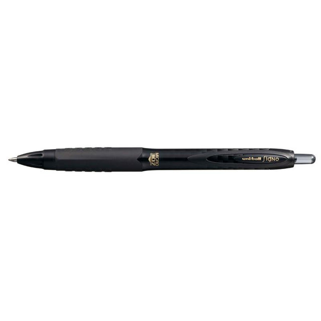 Uni-ball Signo 307 Retractable Gel Pen in black with 0.5mm tip, designed for precision, quick-drying, and smear-free writing.