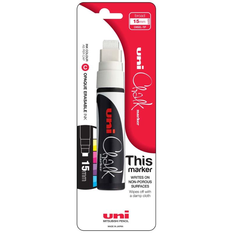 Uni Chalk Marker 15.0mm chisel tip in white, ideal for vibrant writing on non-porous surfaces like chalkboards and glass.