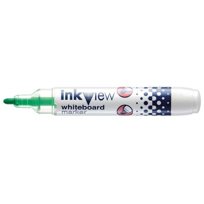 Green Uni Inkview whiteboard bullet marker with transparent barrel and 1.8-2.2mm tip for smooth, vibrant writing.