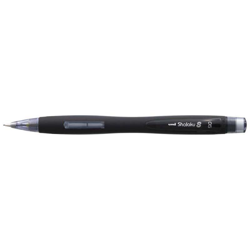 Uni Shalaku S 0.5mm mechanical pencil with black barrel, side click mechanism, and built-in eraser for precision writing.