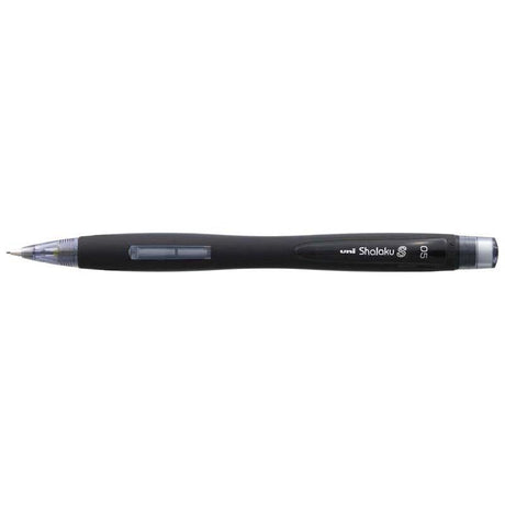 Uni Shalaku S 0.5mm mechanical pencil with black barrel, side click mechanism, and built-in eraser for precision writing.