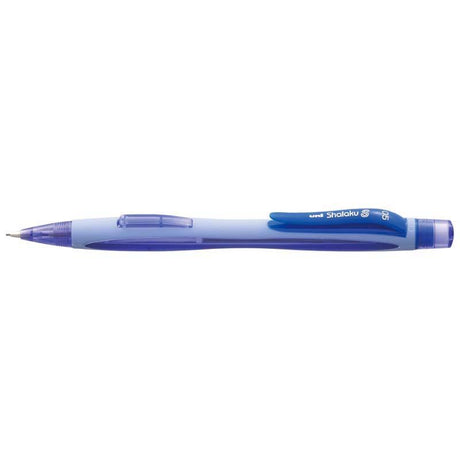 Blue Uni Shalaku S Mechanical Pencil 0.5mm with side click mechanism and built-in eraser for precise writing and drawing.