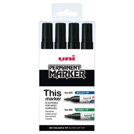 Set of four Uni Permanent Bullet Tip Markers in black, ideal for art and crafts, featuring smudge-proof and waterproof ink.