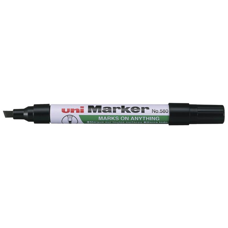 Uni Permanent Chisel Tip Marker Black 580 featuring a broad chisel tip, ideal for versatile marking on various surfaces.