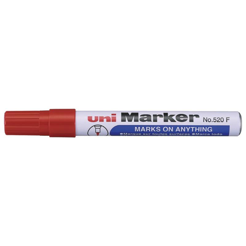 Uni Permanent Bullet Tip Marker in vibrant Red 520, ideal for bold, smudge-proof marks on various surfaces.