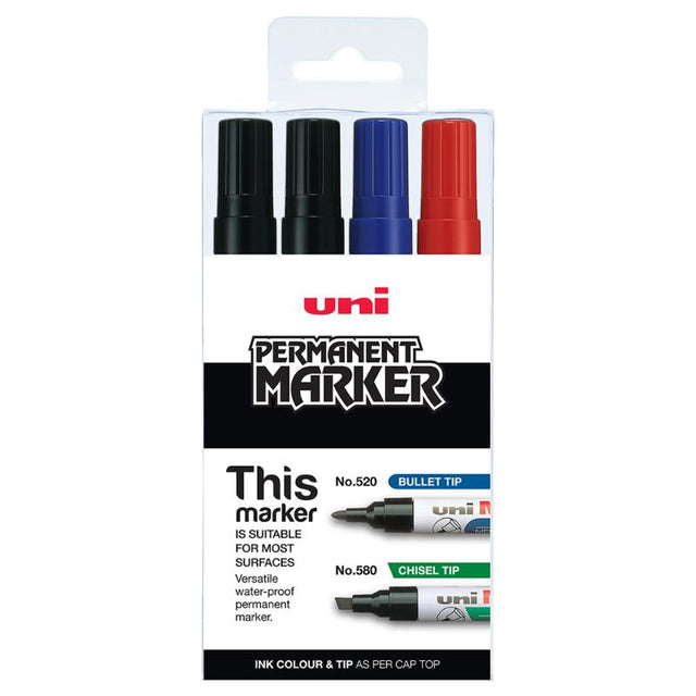 Set of four Uni Permanent Bullet Tip Markers in assorted colors; perfect for durable, smudge-proof marking on various surfaces.