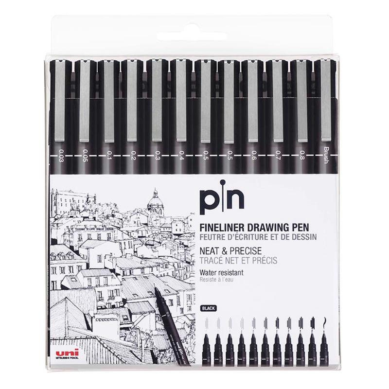 Uni Pin Fineline Permanent Drawing Set with 12 assorted sizes for precise, water-resistant, and fade-proof artwork.