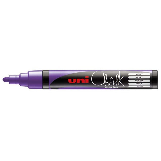 Violet Uni Chalk Marker with a bullet tip, perfect for vibrant designs on non-porous surfaces. Easily erasable with damp cloth.