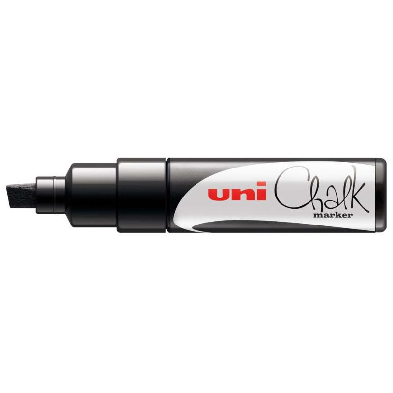 Uni Chalk Marker 8.0mm chisel tip in black for bold markings on non-porous surfaces, easily wipes clean with a damp cloth.