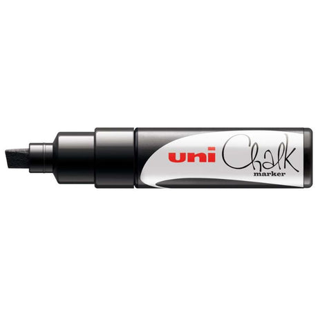 Uni Chalk Marker 8.0mm chisel tip in black for bold markings on non-porous surfaces, easily wipes clean with a damp cloth.