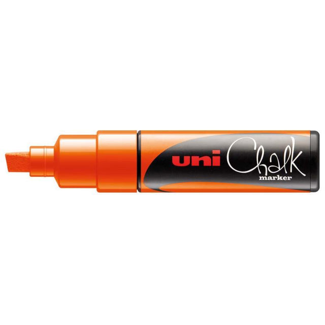 Fluoro Orange Uni Chalk Marker with 8.0mm chisel tip, ideal for window and metal decoration, easily erased with damp cloth.