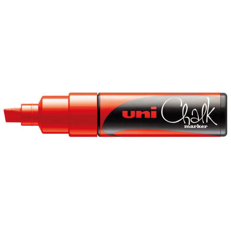 Uni Chalk Marker 8.0mm Red with chisel tip, ideal for non-porous surfaces; water-based, easy to erase.