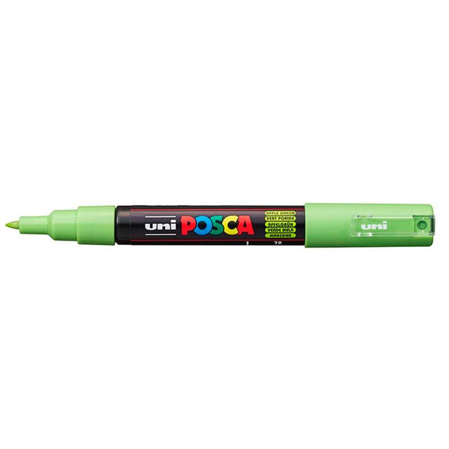 Uni Posca Marker 0.7mm in vibrant Apple Green, featuring an ultra-fine tip for precise detailing on various surfaces.