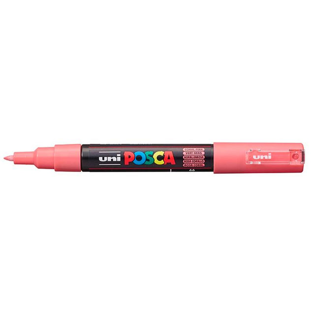 Coral Pink Uni Posca Marker 0.7mm with ultra-fine tip for precise, vibrant detailing on multiple surfaces.