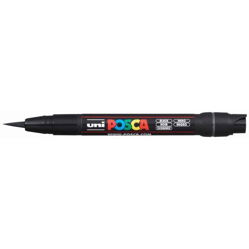 Uni Posca Marker PCF-350, featuring a black brush tip for precise lines on various surfaces, ideal for artists and hobbyists.