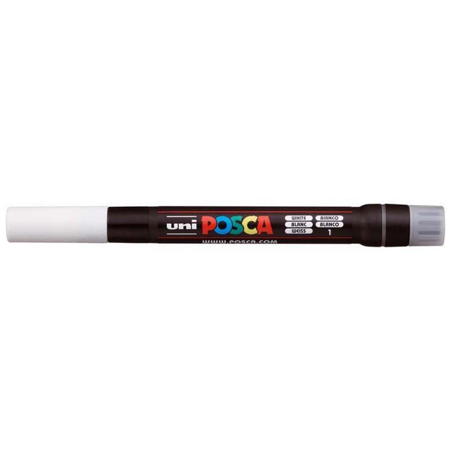 Uni Posca Marker PCF-350 with a brush tip, ideal for detailed artwork on various surfaces in vibrant white paint.