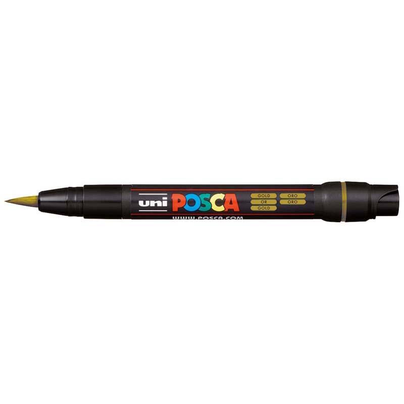 Uni Posca Marker PCF-350 in gold with a soft brush tip, perfect for detailed artwork on any surface.