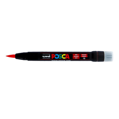 Uni Posca Marker PCF-350 in vibrant red with a 0.1-10.0mm brush tip for detailed and bold artistic expressions.