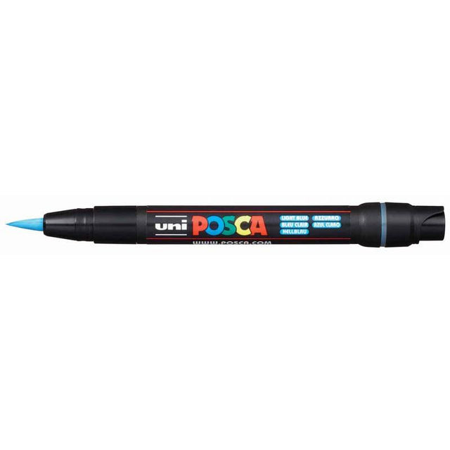 Light blue Uni Posca Marker PCF-350 with adjustable brush tip from 0.1mm to 10.0mm, perfect for detailed artwork and crafts.