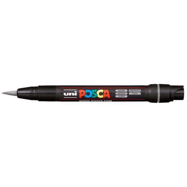 Silver Uni Posca Marker with a brush tip, versatile for detailed and bold artwork on multiple surfaces.