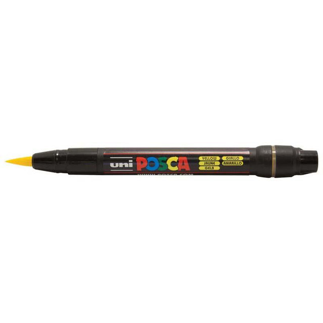 Uni Posca Marker PCF-350 in vibrant yellow with a versatile brush tip for precise and creative artistic expressions.