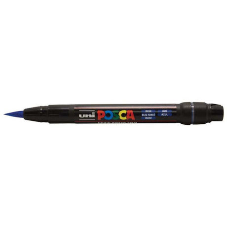 Uni Posca Marker PCF-350 in blue with a flexible brush tip for detailed artwork on various surfaces.