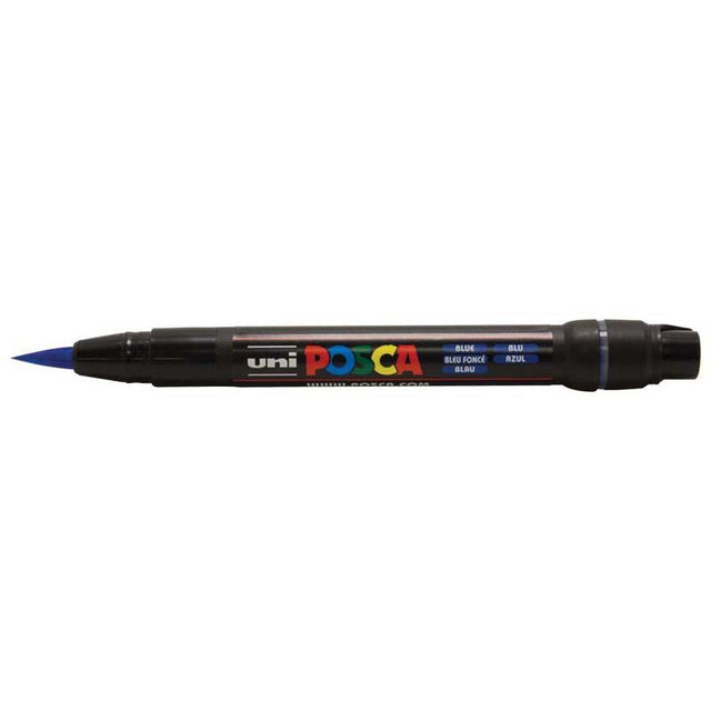 Uni Posca Marker PCF-350 in blue with a flexible brush tip for detailed artwork on various surfaces.