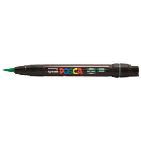 Vibrant green Uni Posca Marker with a soft brush tip, ideal for detailed artwork and various surfaces, from 0.1 to 10mm.