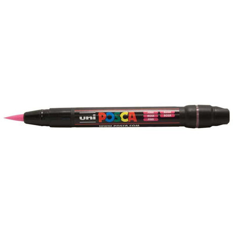 Uni Posca Marker PCF-350 in pink, featuring a flexible brush tip for detailed artistry and vibrant strokes on various surfaces.