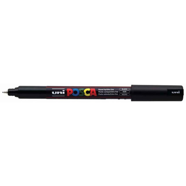 Ultra-fine 0.7mm black paint marker for detailed art, with robust construction and water-resistant ink for various surfaces.