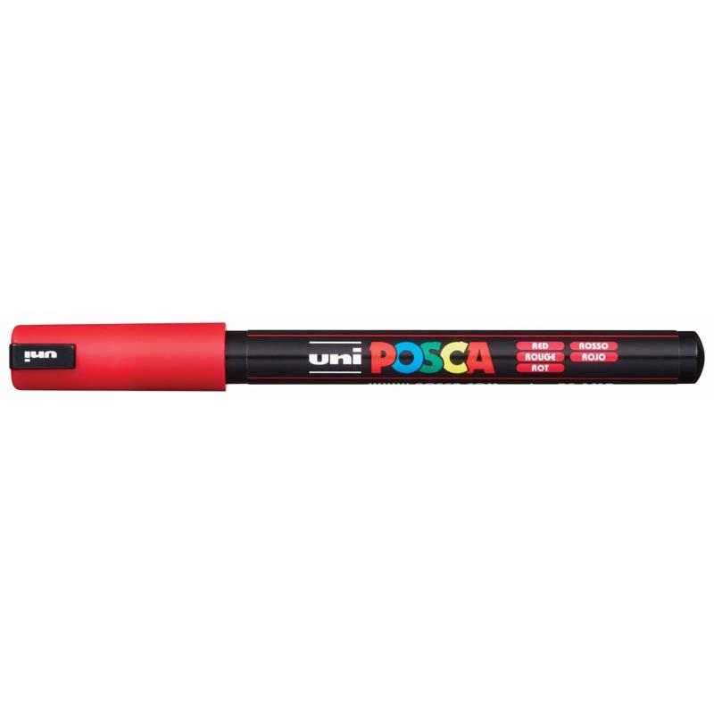 Ultra-fine red paint marker with 0.7mm tip, ideal for detailing and versatile on various surfaces.