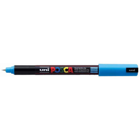 Ultra-fine 0.7mm light blue paint marker for precise detailing on various surfaces like paper, wood, and fabric.