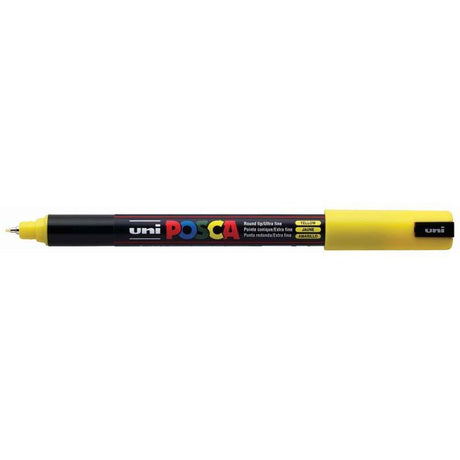 Uni Posca Marker in yellow with a 0.7mm ultra-fine tip, ideal for detailed artwork and precise, consistent lines.