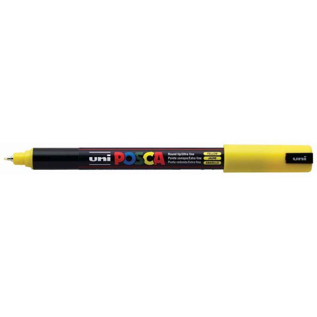 Uni Posca Marker in yellow with a 0.7mm ultra-fine tip, ideal for detailed artwork and precise, consistent lines.