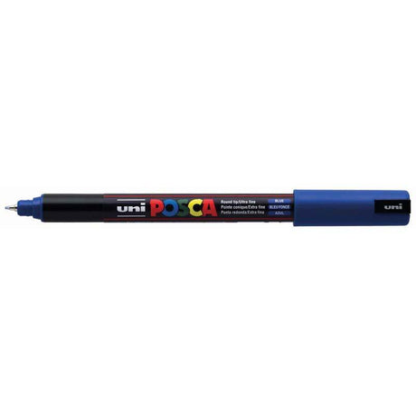 Uni Posca Marker in blue with a 0.7mm ultra-fine tip, perfect for detailed artwork on various surfaces.