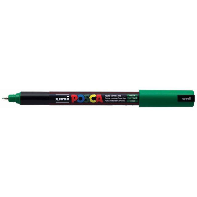 Uni Posca Marker in green with 0.7mm ultra-fine bullet tip, ideal for precise details on various surfaces.