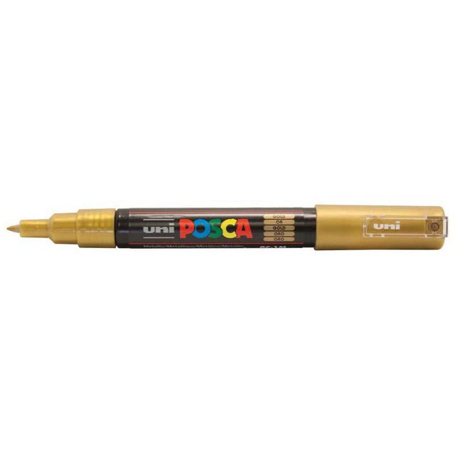 Uni Posca 0.7mm gold marker with ultra-fine bullet tip for precise detailing on various surfaces. Perfect for artists.