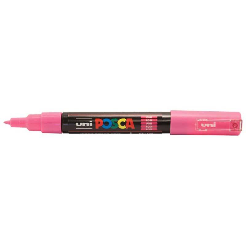 Uni Posca Marker PC-1M in vibrant pink with a 0.7mm ultra-fine tip, perfect for detailed art and crafts on various surfaces.