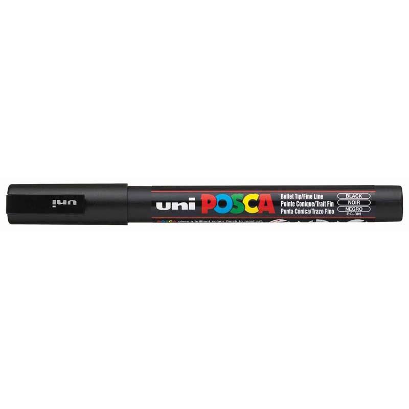 Uni Posca Marker black with 0.9-1.3mm fine bullet tip, ideal for detailed artwork on various surfaces.