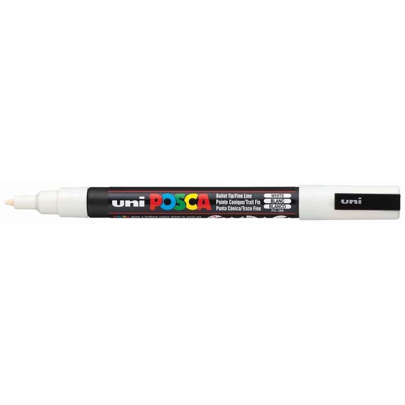 Fine white Uni Posca marker with a 0.9-1.3mm bullet tip, perfect for detailed artwork and crafts on various surfaces.